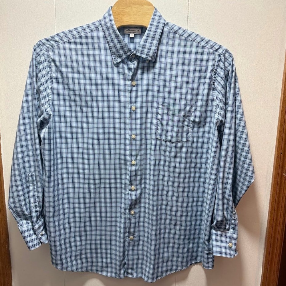 Peter Millar Summer Comfort Mens XXL Blue Plaid Long Sleeve Button Down Shirt